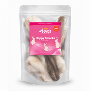 A stand-up pouch of Ava's Pet Palace Hoppy Snacks for dogs, containing several dried rabbit tails, with a bright pink label on a clean white background.