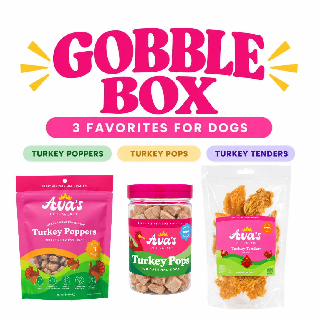 Ava's Pet Palace Gobble Box, a bundle of three turkey treats for dogs.