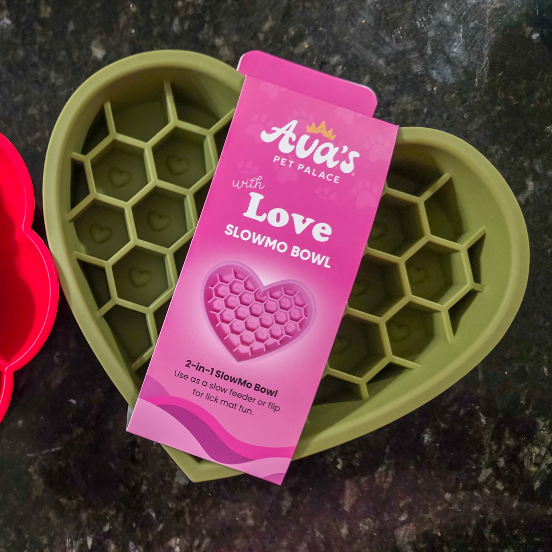 Heart shaped slow feeder bowl from Ava's Pet Palace